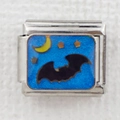 Detailed Italian charm link with black bat, yellow moon, and blue glitter background - Starry Night Bat