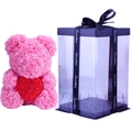 Pink rose teddy bear holding a red heart with transparent gift box and ribbon - Flower Bear+40CM Gift Box+Light / Clear Pink with Red Heart
