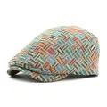 Ethnic style colorful jacquard flat cap with vintage woven geometric pattern - Adjustable / Blue Plaid