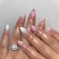Unghie a mandorla 3D floreali glitterate con texture a conchiglia e anello di diamanti - Stile Colla (D-213)