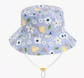 Kids purple daisy print sun bucket hat with adjustable white drawstring and yellow buckle - 54cm / Purple Floral