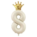 Detail of cream number 8 balloon with a gold crown for birthday party decoration - Number 8