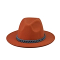 Detailed close-up of orange wool fedora hat featuring a stylish blue chain link band detail - Adult Size / Orange Hat Blue Chain