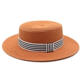 Close-up showing the tight woven texture and striped ribbon on this flat top straw hat - M (56-58cm) / Caramel color