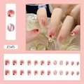 Close-up of pink press-on nails with red heart patterns and glitter accents, 24pcs set - Z345 Heart Aurora (Glue Style)