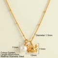 Golden stainless steel necklace featuring a crab and pearl pendant with size specifications - Imitation Pearl + Crab(25207)