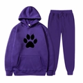 Dark purple two-piece hooded tracksuit set with black paw print pattern in size M - S / Purple Paw Print (17)