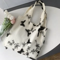 Borsa tote in tela bianca con ricami di farfalle in pizzo nero e design in mesh a doppio - Borsa in Tela con Ricamo a Farfalla