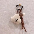 Cute white cloud bear plush keychain with brown checkered hat and woven cord strap - Cloud