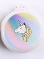 Portable folding hairbrush with white case featuring a glittery rainbow unicorn design - Yellow Hair