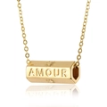 Detail of gold necklace with hexagonal pendant engraved with AMOUR and sun icons - Gold-AMOUR/Polished Engraved