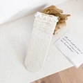 White lace trim crew socks with clover pattern and delicate ruffled cuffs design - One Size / Four-Leaf Clover / White
