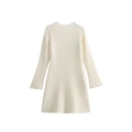 Detail of cream white ribbed knit dress with long sleeves and turtle neck texture - S / Milky White