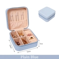 Portable blue faux leather jewelry travel box with zipper and interior compartments - Plain Blue