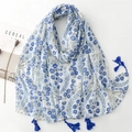 Floral cotton linen scarf with blue tassels and vintage aesthetic for travel - 180*90CM / Blue Floral