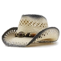 Cappello da cowboy in paglia beige con bordi invecchiati e fascia decorativa con perle - Nero Riso