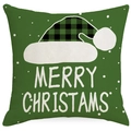Funda de cojín navideña de lino verde con gorro de cuadros y estampado de nieve - Gorro de Navidad-Merry Christmas