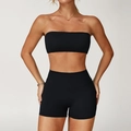 Women's black two-piece yoga set with crop top and high-waisted shorts for fitness - S / Premium Black (Shorts Set)