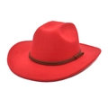 Detail view of red denim style wool felt fedora hat featuring a brown embossed leather belt - M (56-58cm) / Red