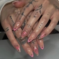 Long almond press-on nails with nude pink ombre, gold stars, and rhinestone accents - No Accessories Style / X-0446 Nude Pink Gold Starburst