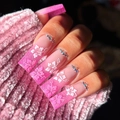 Pink gradient press-on nails with hibiscus floral patterns and rhinestone accents - Pink Gradient Glue Style(JP2789)