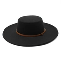 Classic black flat-top wool felt hat with brown leather buckle band for men and women - Size M (56-58cm) / Black