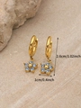 Gold round earrings with light blue rhinestone flower charms on a textured stone background - 18K Gold / December Lake Blue (Blue Topaz/Zircon Color)