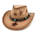 Brown western cowboy hat with star prints and turquoise beaded leather band decoration - Camel