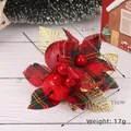 Christmas floral pick with red tartan leaves, golden metal foliage, and bright red berries - Style 10