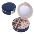 Petite boîte à bijoux ronde en cuir bleu avec miroir et bouton-pression doré - Bleu
