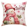 Detail of pink Christmas pillowcase featuring a cute snowman illustration and Snow text - 45*45cm (Single Pillowcase) / Pink Snowman