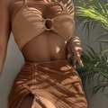 Ensemble bikini 3 pièces marron caramel avec haut licou et jupe de plage froncée - Café