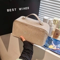 Sparkling champagne gold makeup bag with fine glitter finish and sturdy top handle - Gold