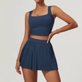 Women's navy blue athletic set featuring a square neck crop top and pleated tennis skirt - S / 8782 Tank Top + 8782 Skirt / Navy Blue