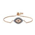 Detail of rose gold evil eye bracelet with blue and white cubic zirconia settings - Rose Gold-Adjustable