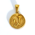 Golden round metal pendant with relief lily flower and grid texture on white background - November Morning Glory (SP599G-11) (Pendant Only (Without Chain))