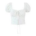 White lace puff sleeve crop top with square neck and tie front detailing - S / Crop Top