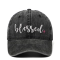 Casquette vintage en coton délavé avec broderie blessed blanche et petite croix - Réglable / Noir Lavé