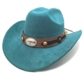 Detail of teal suede cowboy hat featuring leather band with metallic bull head emblem - M (56-58cm) / Lake Blue