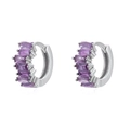 Close-up of S925 silver huggie hoop earrings with seven purple rectangular cubic zirconia - Purple (Platinum Plated)
