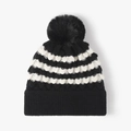 Bonnet en tricot rayé noir et blanc avec un grand pompon en fausse fourrure douce - Réglable / Motif à Vagues Noires (23B004黑色)