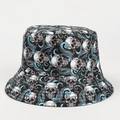 Detail showing skull and blue octopus print on a black streetwear bucket hat - M (56-58cm) / Black Skull with Blue Octopus Tentacles
