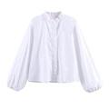 Elegant white long sleeve poplin shirt with ruffle collar and stylish lantern sleeves - XS / White