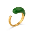Adjustable open gold ring featuring green teardrop enamel accent on a polished band - Green