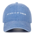 Detail of white My Dog Is My Shrink embroidery on washed blue cotton baseball cap - Light Blue