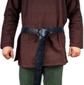 Detail of medieval knight faux leather belt with Celtic embossed patterns and metal ring buckle - Black / 165cm