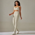 Seamless beige yoga set with U-neck sports bra and high-waisted ribbed fitness leggings - 6606 Camisole Bra + Trousers Set - Light Gray