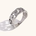 Silver cuban link ring with sparkling cubic zirconia stones in a hollow band design - Cuban Link Fretwork / Silver / US 6