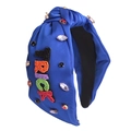 Blue knotted fabric headband with beads, rhinestones and Trick lettering detail - 12# Blue (Trick Letter Beads)