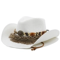 Chapeau de plage en paille blanche style cowboy avec perles bohèmes et pompons bruns - M (56-58cm) / Blanc Pur